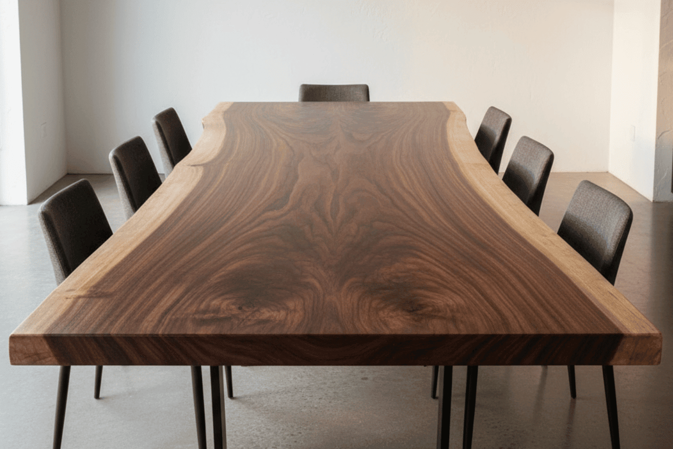 Walnut live-edge dining table with eight dark upholstered chairs in a bright minimalist room, single pendant light overhead, warm sunlight.