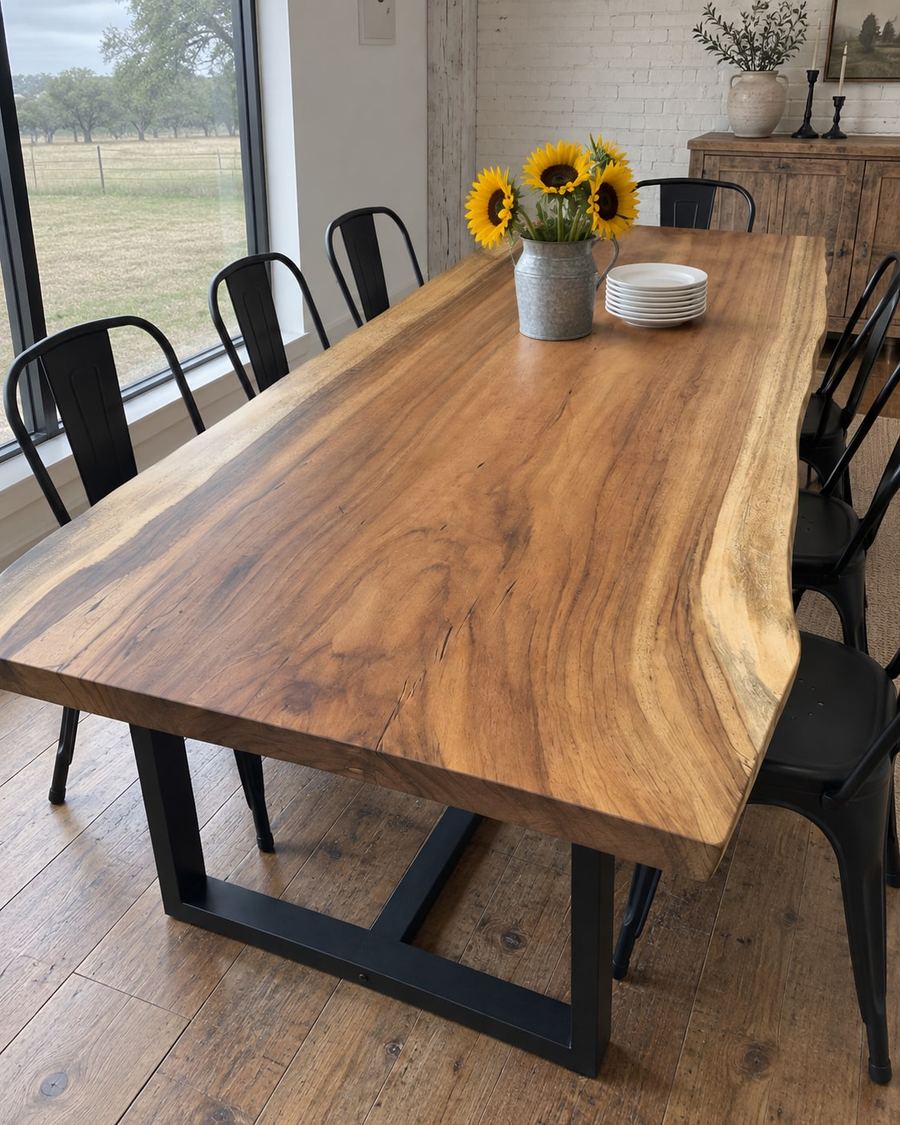 Rendering of the Imperia Octavia slab as a dining table with Tripod Legs in a modern farmhouse home