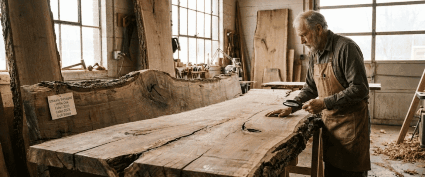 Woodworker in a sunlit workshop inspecting a large live-edge slab on a bench, surrounded by tools, wood shavings, and lumber