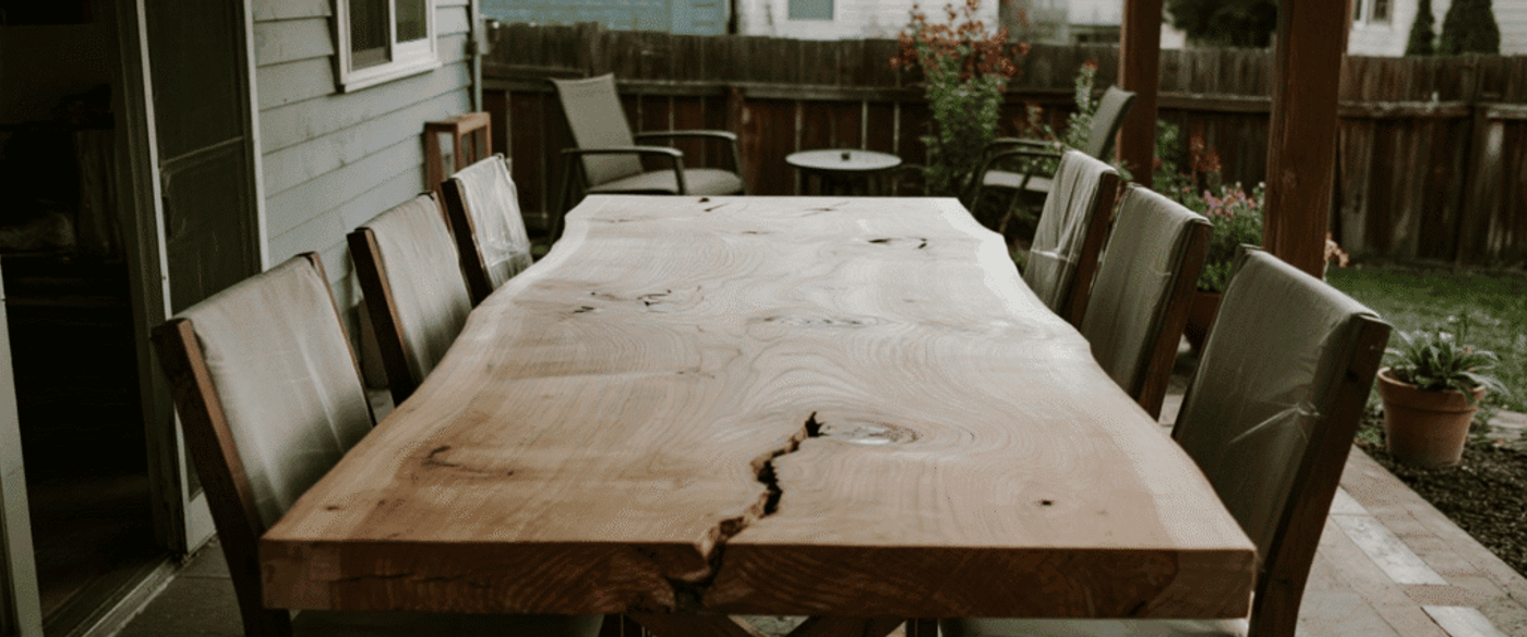 Outdoor wooden dining table with natural live-edge slab and chairs on a covered patio beside a backyard fence and potted plants.