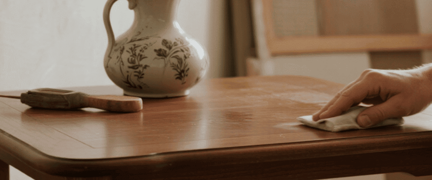 Man’s hand polishing a small wooden table with a cloth; ceramic pitcher and brush rest on the table in a sunlit room.