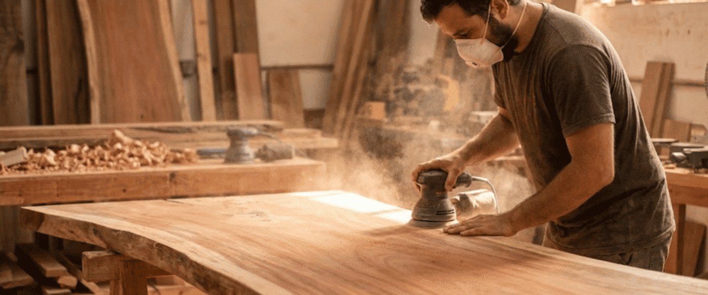 Woodworker sanding a large live-edge wooden slab in a sunlit workshop, creating smooth grain and sawdust in the air