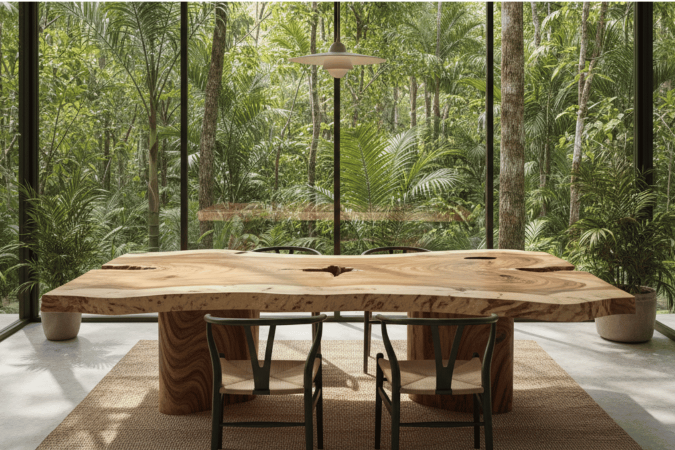 Warm, sunlit dining room with a live-edge wood table and four chairs, floor-to-ceiling windows opening to dense tropical forest.