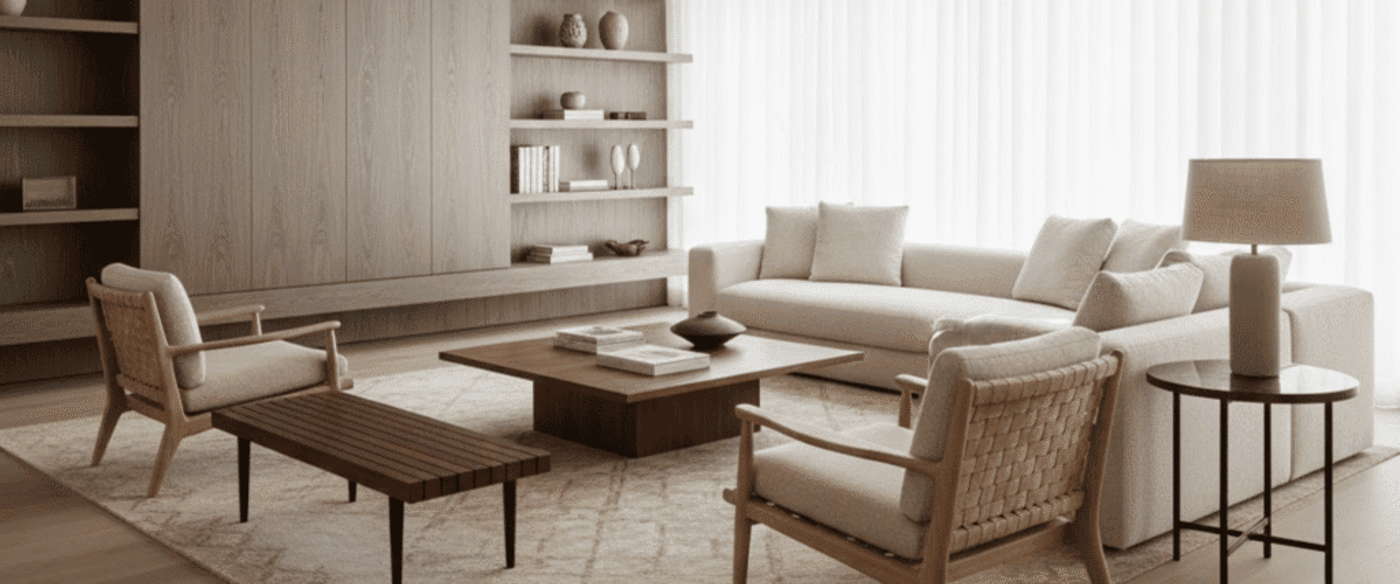 Warm, minimal living room with neutral sofa, woven armchairs, wooden coffee table and soft natural light through sheer curtains