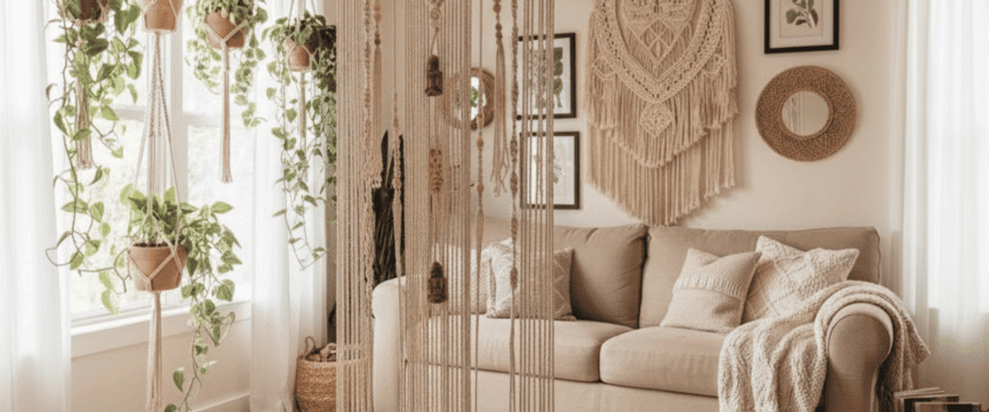 Boho living room with macramé room divider, hanging plants, beige sofa and textured rugs, soft natural light filling the space