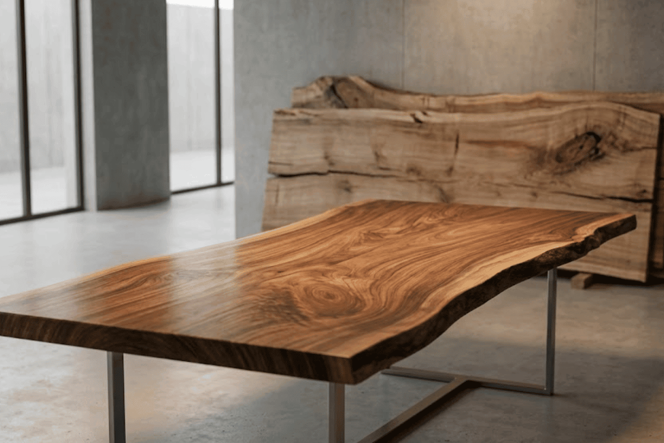 Live-edge walnut table with rich grain patterns on metal legs in a minimalist concrete loft, stacked slabs