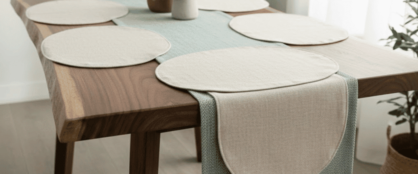 Wooden dining table set with six round beige placemats and a light blue runner, decorated with vases and a small potted plant
