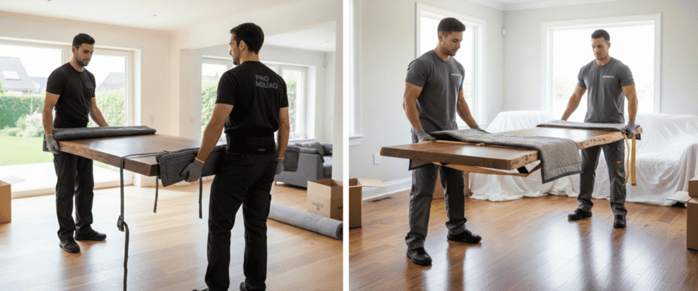 Two movers carry a large live-edge wooden table across a bright, empty living room with hardwood floors and covered furniture