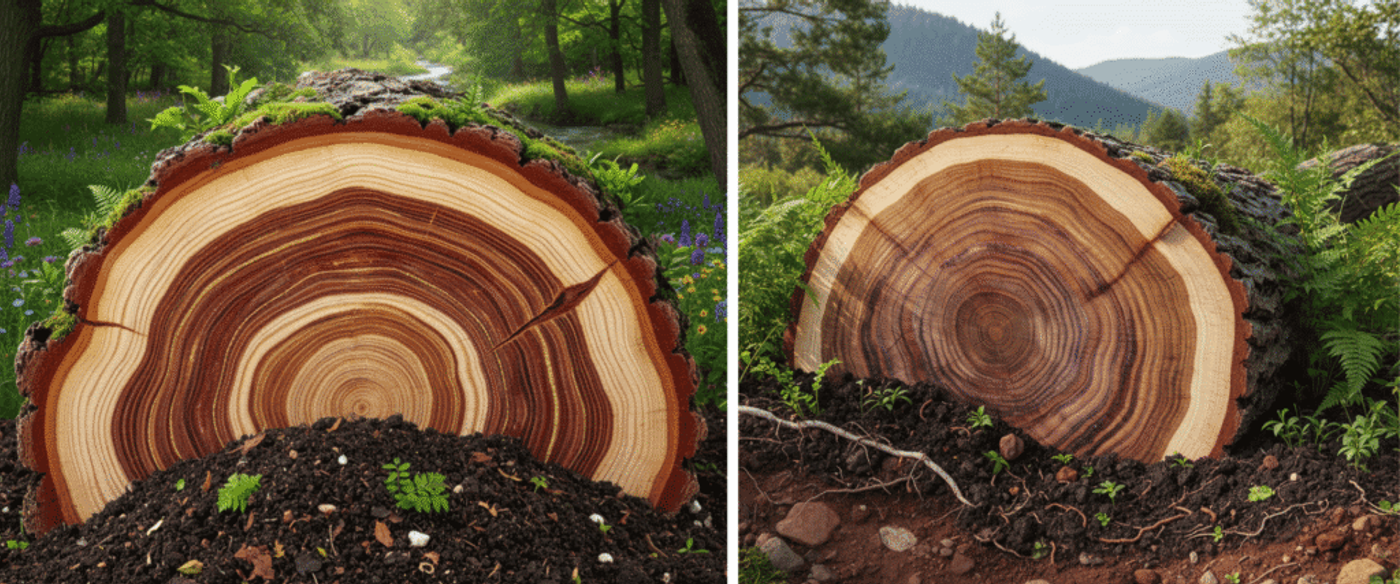 Cross-section of a tree trunk with growth rings, moss and seedlings in rich soil, set in a lush green forest with wildflowers.