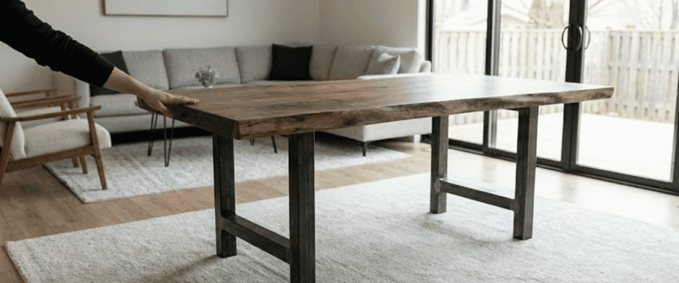 Hand placing one corner of a live-edge wooden dining table in a bright living room with sofa and sliding glass doors