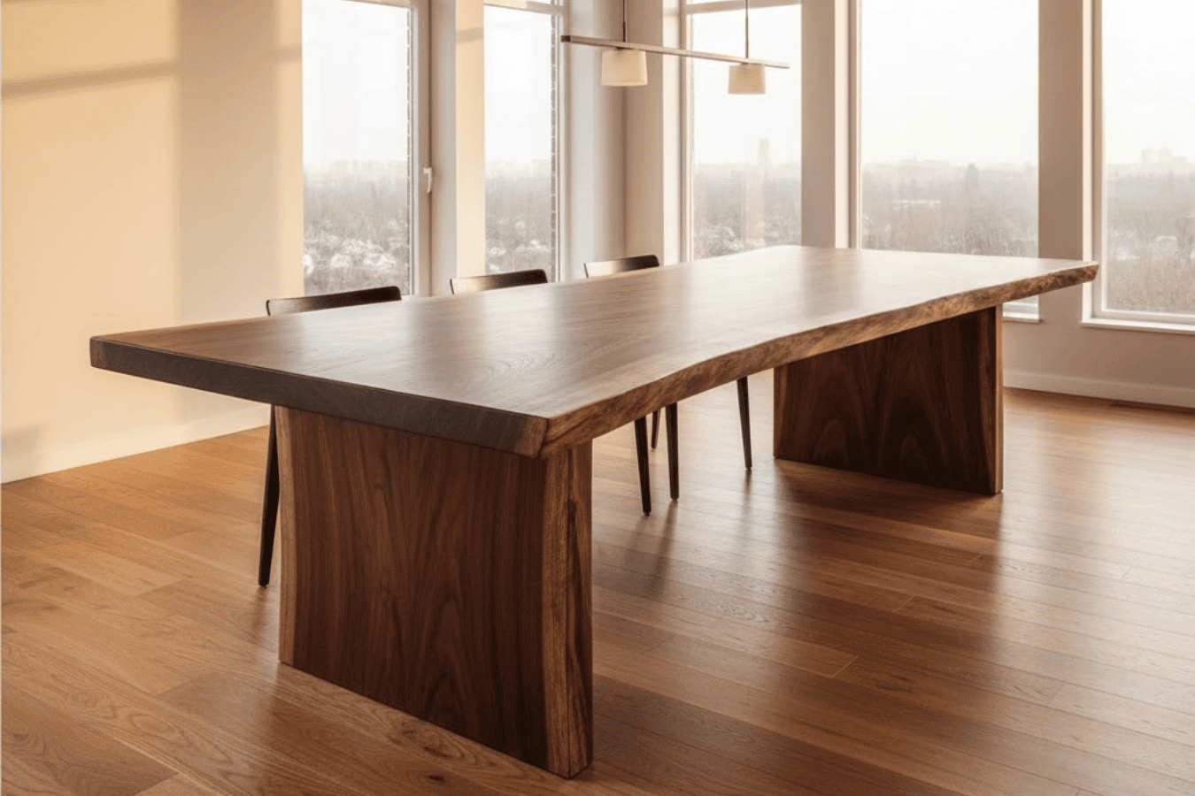 Wooden live-edge dining table in sunlit modern apartment with city view through large windows, four chairs tucked underneath