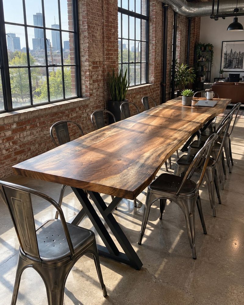 Rendering of the Silvia Decima slab as a dining table with Double Y Legs in a industrial loft home