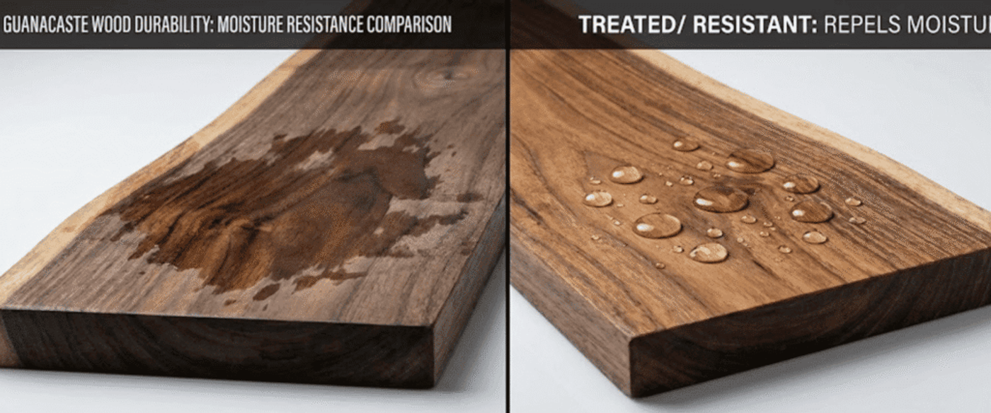 untreated Guanacaste wood blotched by moisture; Right: treated wood with water beading, showing moisture resistance and longevity