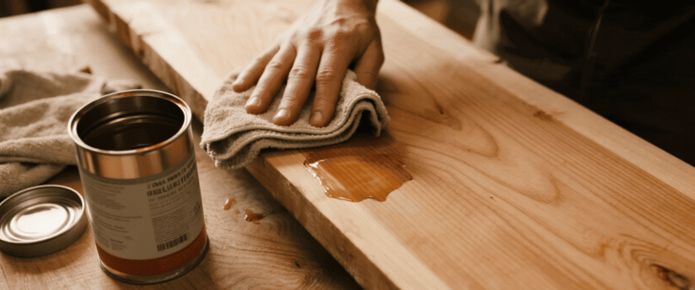 Person applying wood stain with a cloth, wiping a drip from a plank beside an open can of stain on a workshop table.