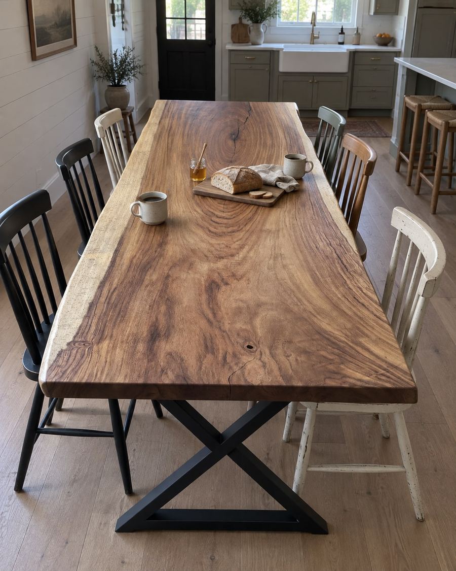 Rendering of the Albina Octavia slab as a dining table with Modern X Legs in a modern farmhouse home
