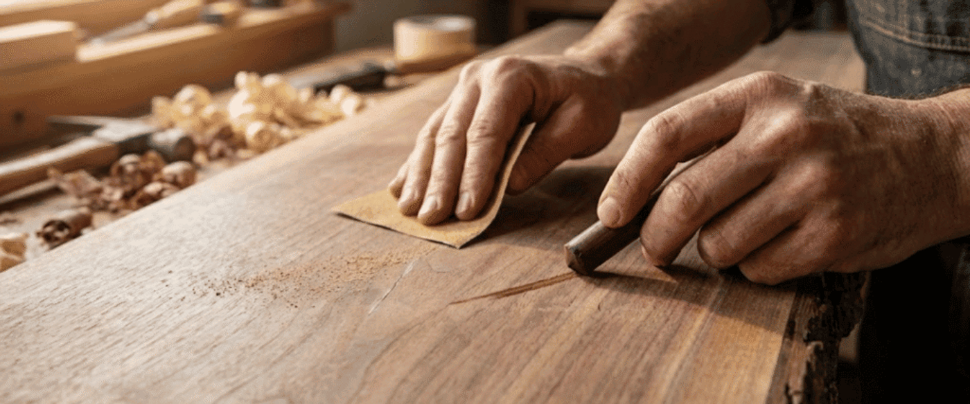 Woodworker's hands sanding and smoothing a live-edge walnut plank on a workbench, with shavings and tools in soft window light