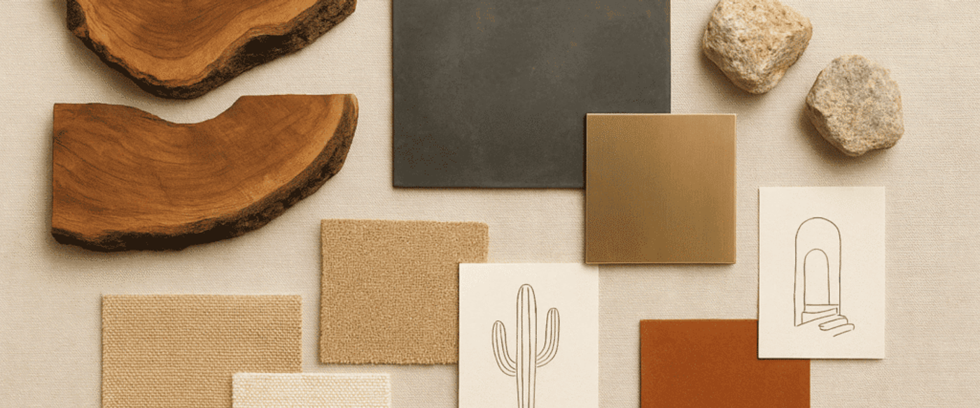 flat lay or mood board showing design elements of South Congress aesthetic live edge wood samples