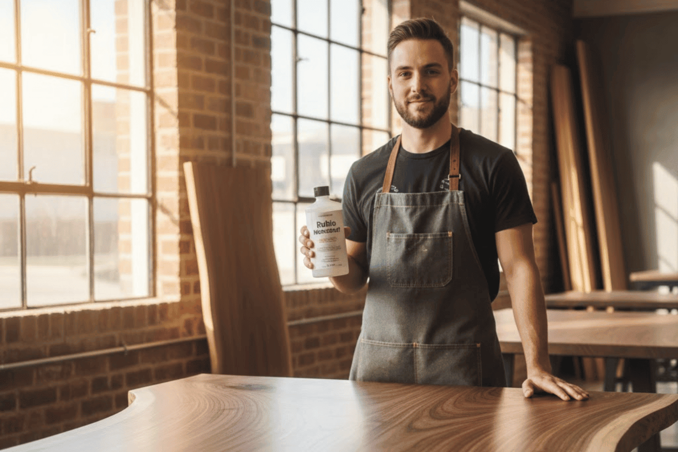 A craftsman in an apron holds finish and stands beside a live-edge walnut table in a sunlit workshop with large windows