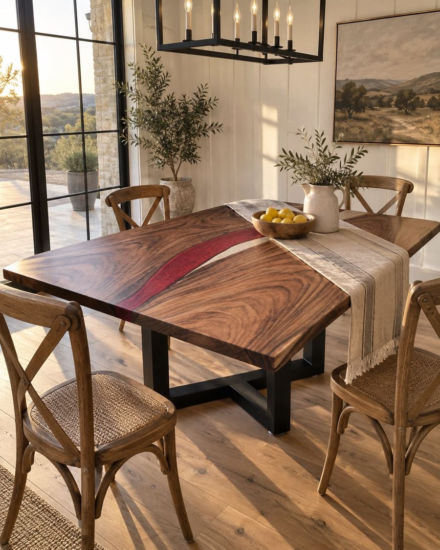 Rendering of the Alicia Quinta slab as a dining table with Pedestal Legs in a modern farmhouse home