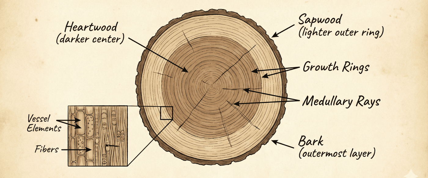 Illustrated-anatomy-diagram-of-a-Guanacaste-wood-cross-section-detailing-heartwood-sapwood-growth-rings-medullary-rays-and-a-magnified-view-of-vessel-elements-and-fibers