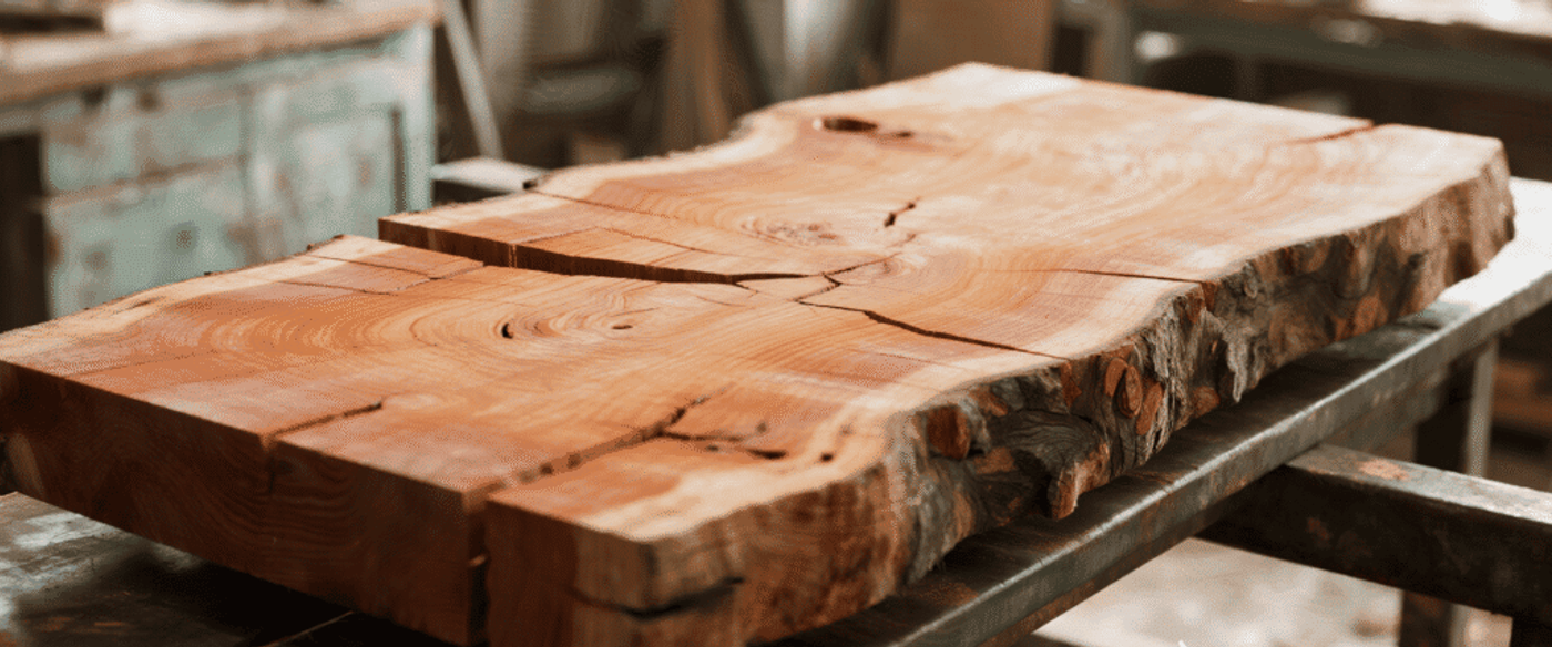 live-edge table slab with deep cracks and splits running along the grain, surface checks visible near knots and burls