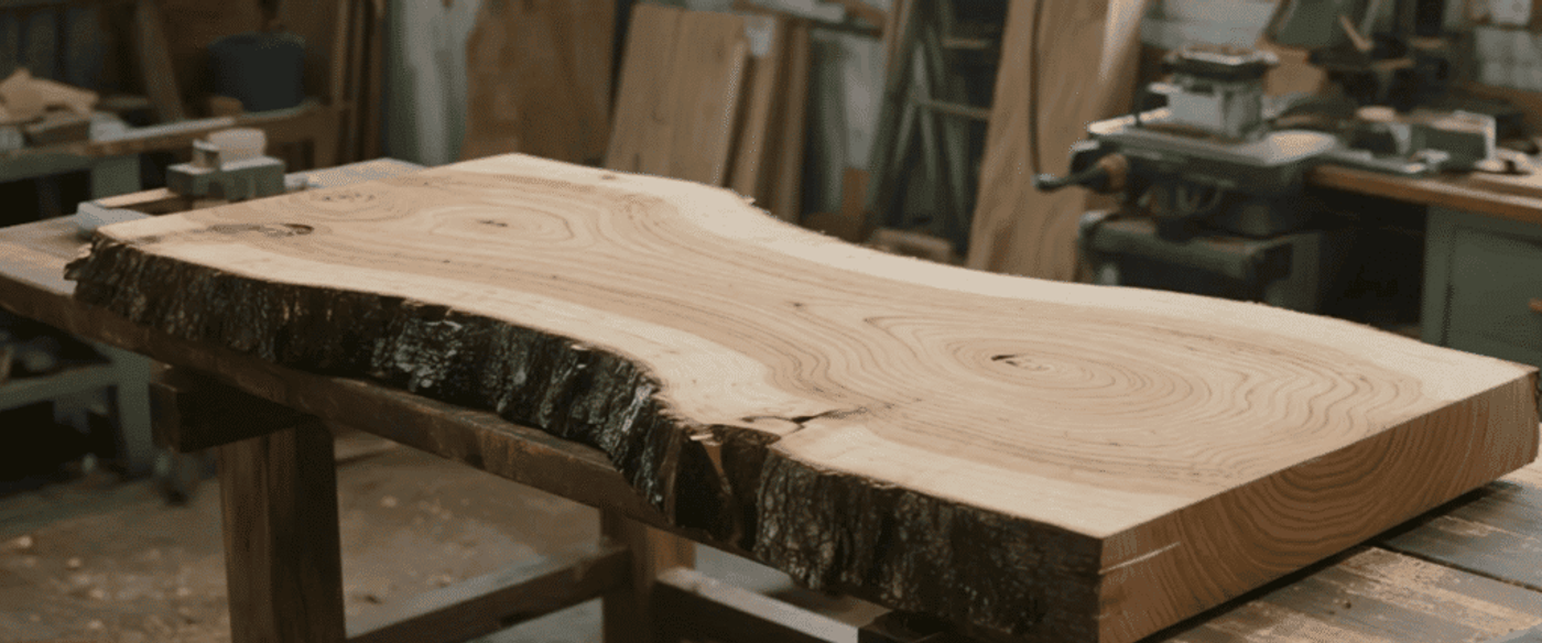 Live-edge slab of wood on a workbench in a busy woodshop, showing tree rings and bark edges.