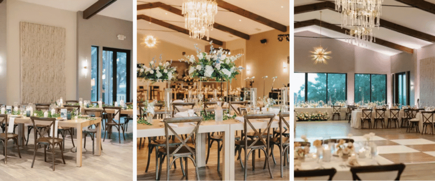 Wedding reception with tall white floral centerpieces, cross-back chairs, and crystal chandeliers in elegant venue