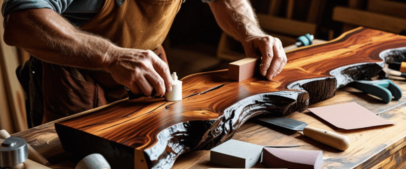Woodworker applying finish and sanding a live edge wooden slab, highlighting craftsmanship and detail in woodworking.