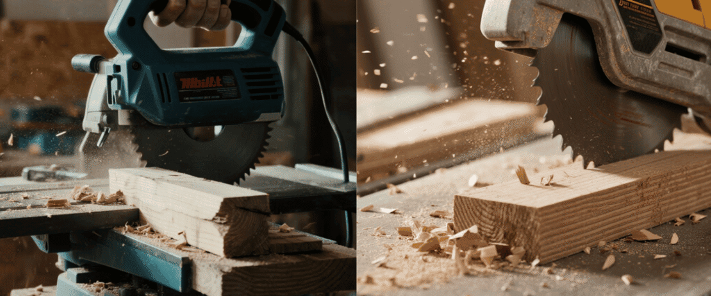 Circular saw cutting a wooden plank on a workbench, wood shavings and dust scattering as the blade slices through the lumber.