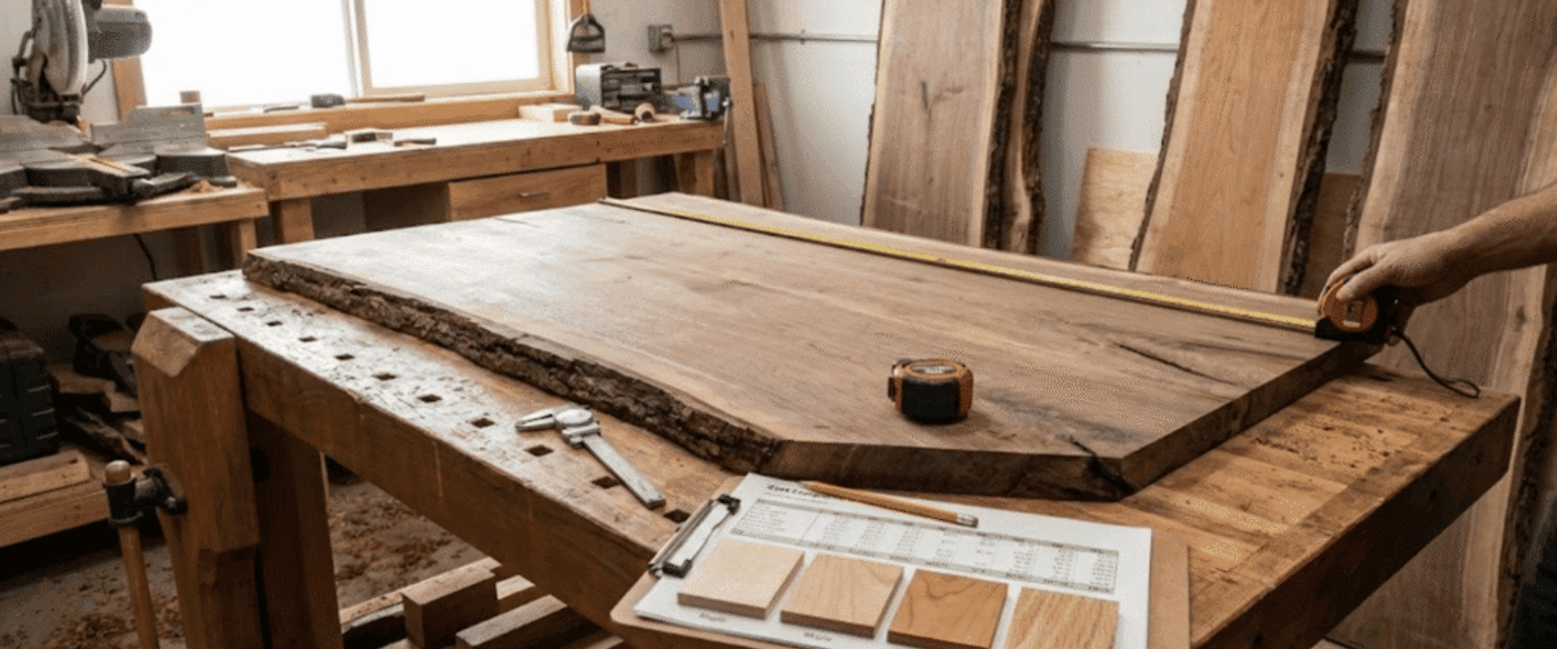 Woodworker measuring a live-edge walnut slab on a bench with tape measure, caliper, sample wood chips, and shop tools