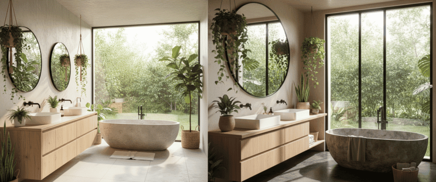 Natural light-filled bathroom with freestanding stone tub, double sinks, wood vanity and lush plants visible through floor-to-ceiling window.