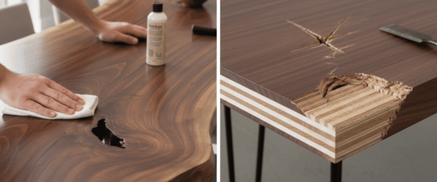 person refinishing a live-edge solid wood table top with a cloth and repair oil; Right: close-up of damaged engineered wood tabletop showing chipping and layered core