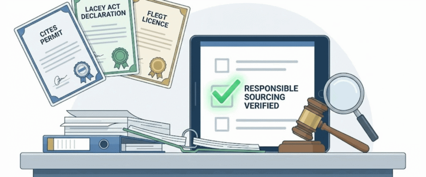 Desk scene with certificates, files, tablet showing a green check and “Responsible Sourcing Verified,” judge’s gavel and magnifying glass