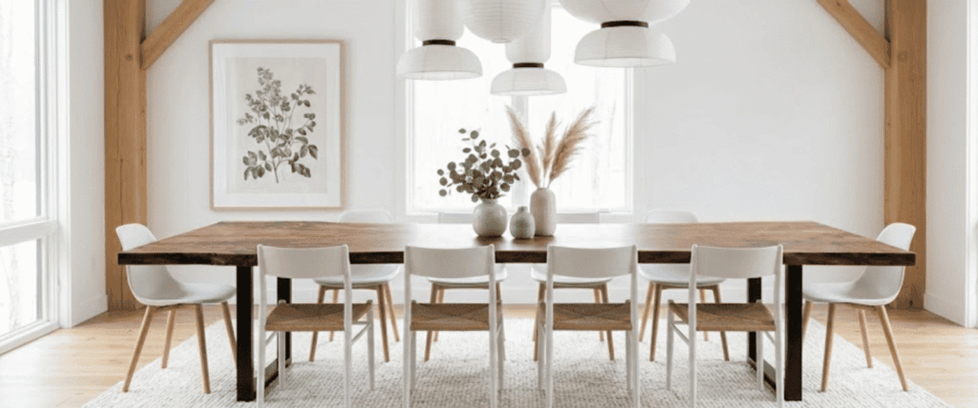 Spacious bright dining room with a long wooden table, eight white chairs, pendant lights, plants and minimalist wall art