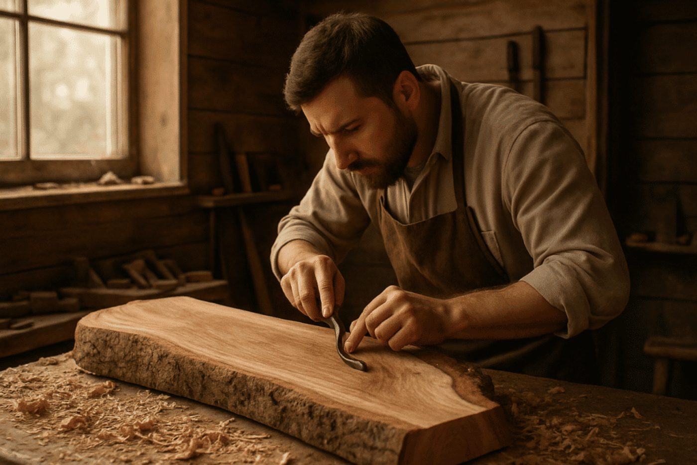 Man carving wood with a chisel in a workshop.