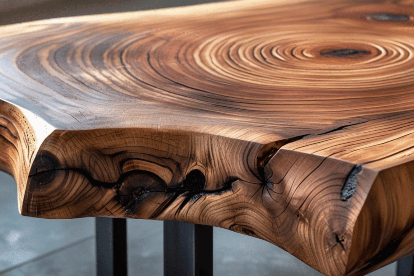 Close-up of a polished wooden table edge, highlighting natural rings, cracks, and textures in the wood grain.