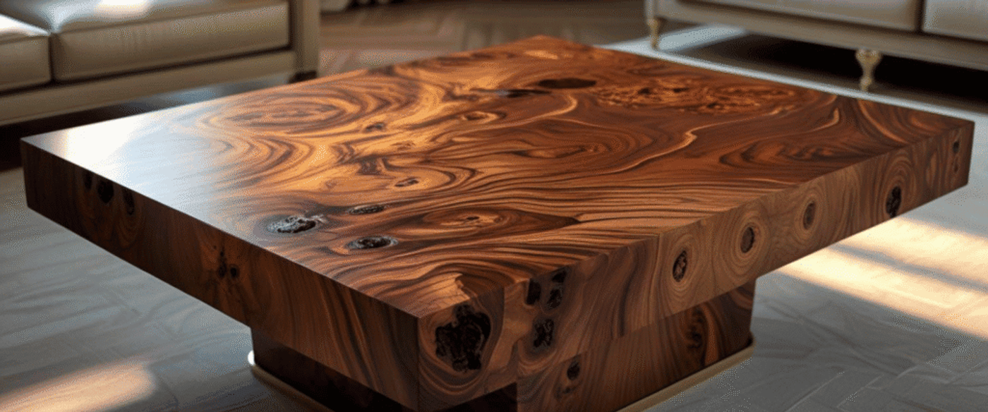 Wooden coffee table with rich natural grain patterns and knots, showcasing smooth polished surface and solid block design, placed in a modern living room setting.