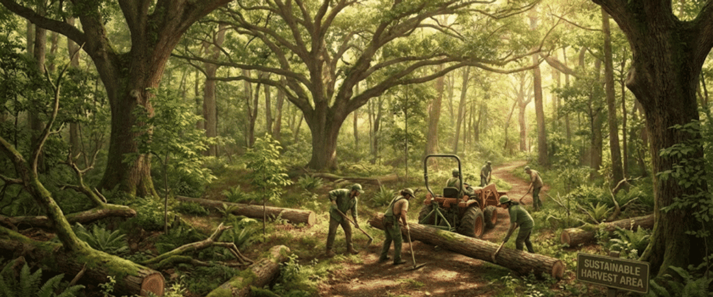 Workers carefully remove felled logs from a sunlit, sustainable-harvest forest, using tools and a small tractor to clear the path
