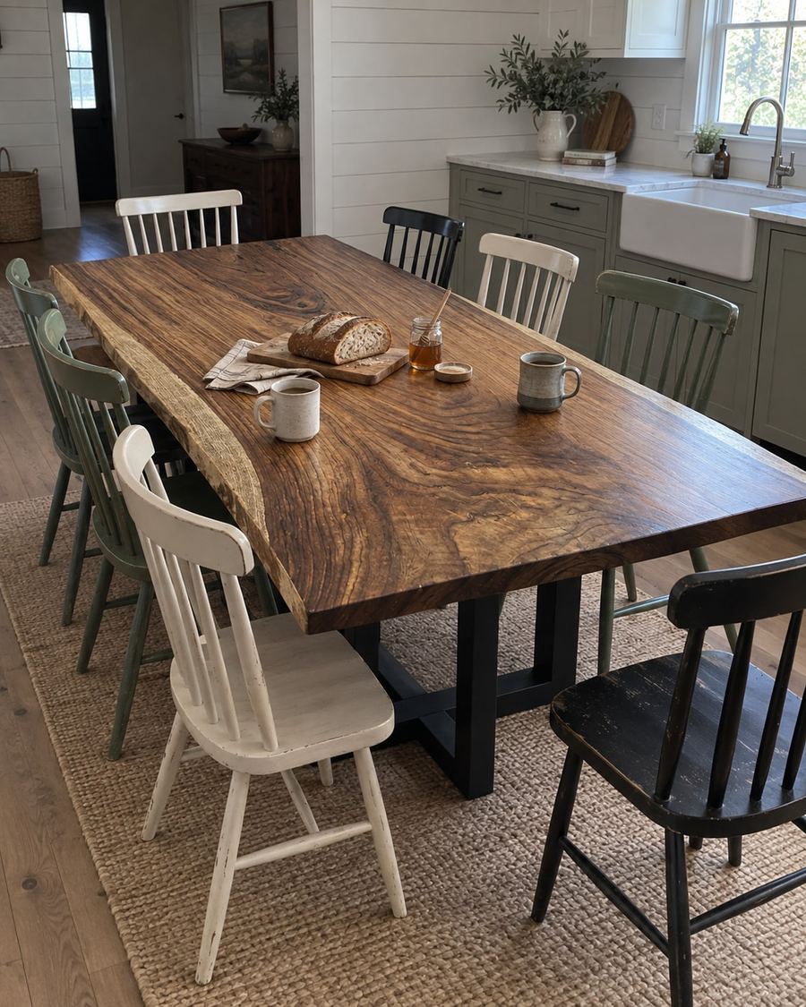 Rendering of the Cecilia Octavia slab as a dining table with Pedestal Legs in a modern farmhouse home