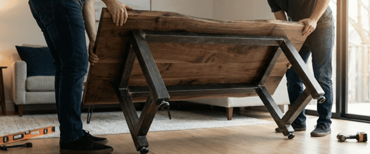 Two people lifting a wooden dining table into place in a bright living room, with tools and a level on the floor nearby