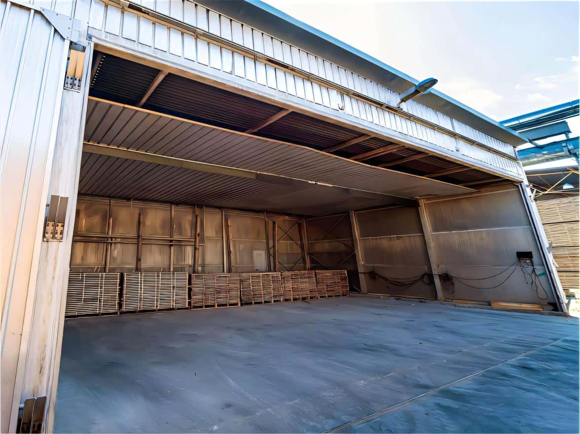 Kiln drying wood slabs in a warehouse setting