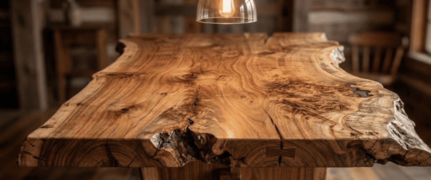 Handcrafted live-edge wooden dining table with rich grain, natural knots and rustic workshop setting, warm overhead pendant light