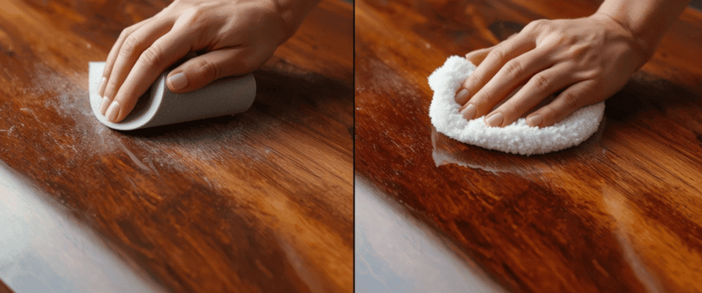 Hand sanding a wooden surface followed by wiping it clean with a soft cloth to reveal a smooth, polished finish.