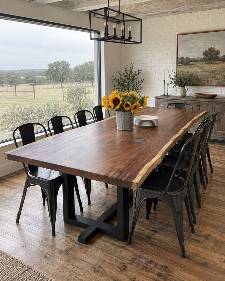 Rendering of the Florentina Undecima slab as a dining table with Pedestal Legs in a modern farmhouse home