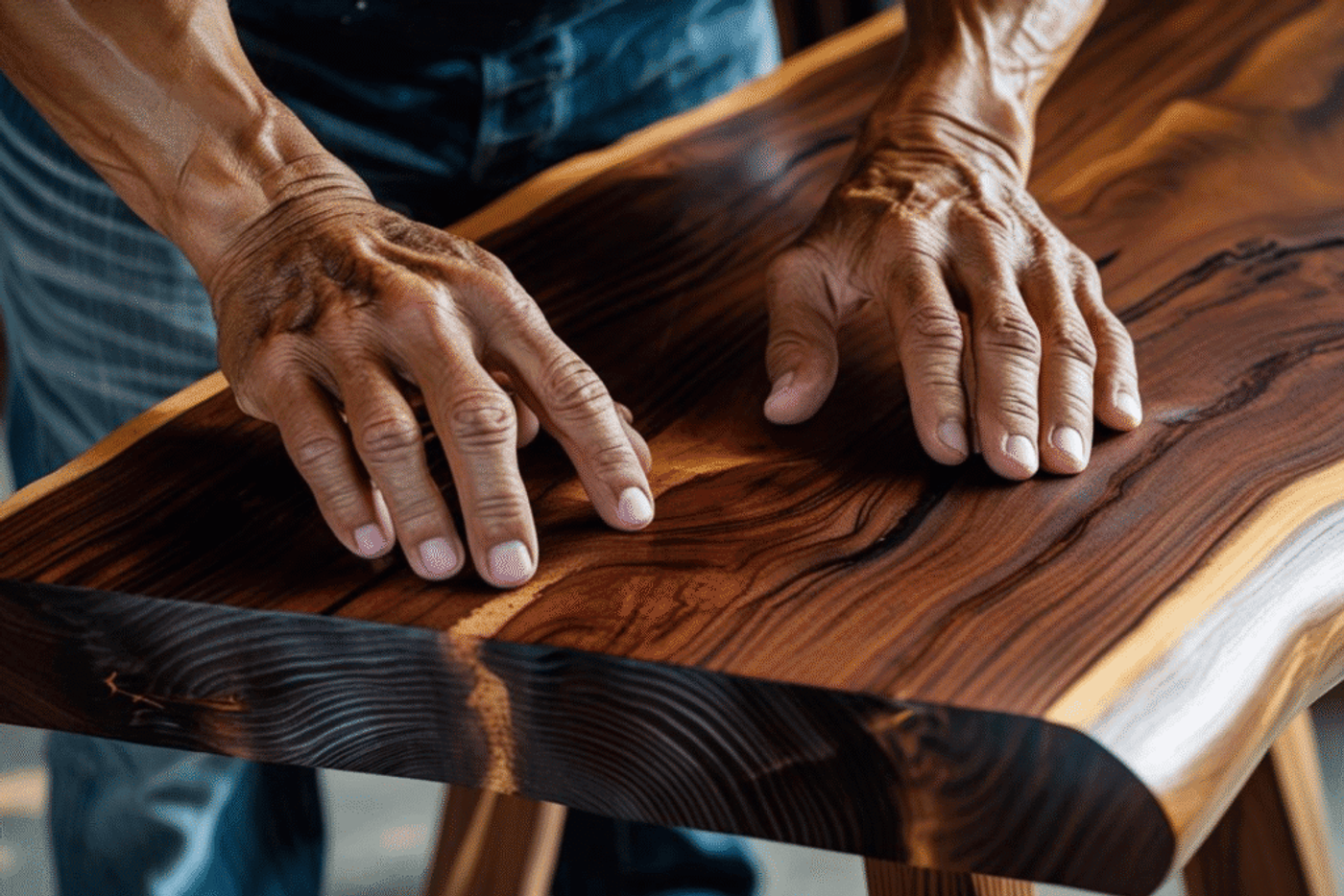 Hands feeling the smooth surface and natural grain of a polished live edge wooden table.