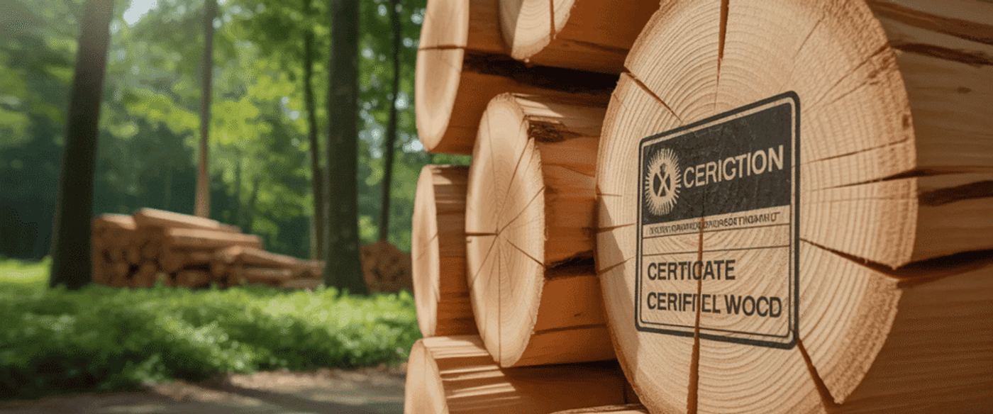 Stack of fresh-cut logs with tree-ring patterns and a green certification sticker on the foremost log, forest and sky in background.