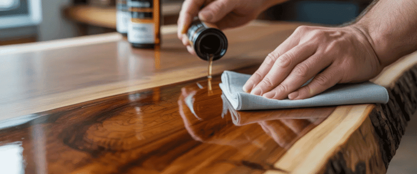 Hand applying oil finish on live edge wooden table, enhancing wood grain and protecting surface for durability and shine.