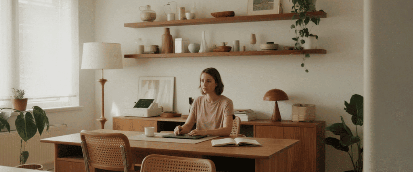 Calm home office with warm wood furniture, plants, and a person working at a tidy desk — cozy, minimalist workspace vibe.