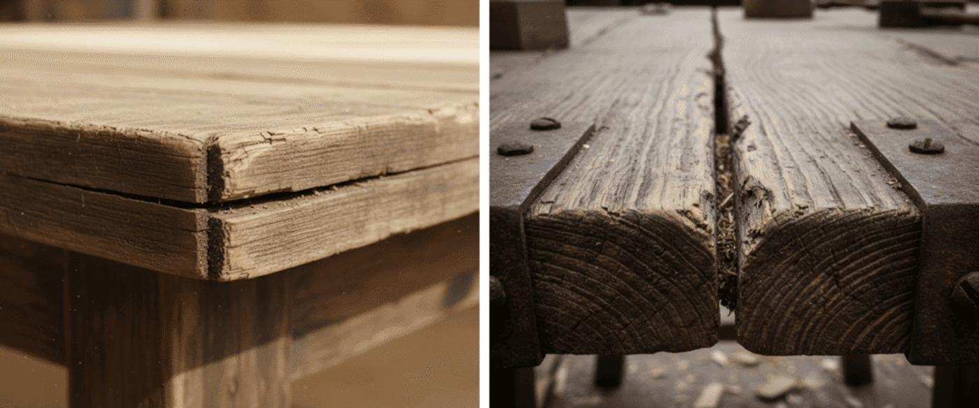 Weathered wooden table corner with deep grain, cracks, and layered planks, warm tones and soft studio lighting, close-up.