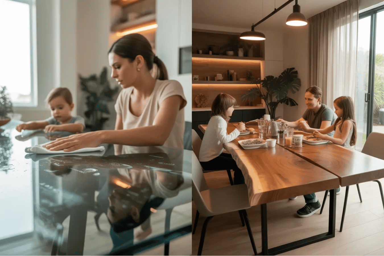 Mom cleaning table with toddler nearby, family eating dinner together at wooden dining table
